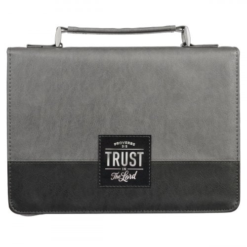 Large Trust in the Lord Charcoal Gray and Black Faux Leather Classic Bible Cover - Proverbs 3:5