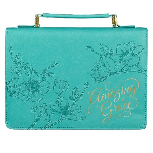 Large "Amazing Grace" Teal Flower Faux Leather Bible Cover