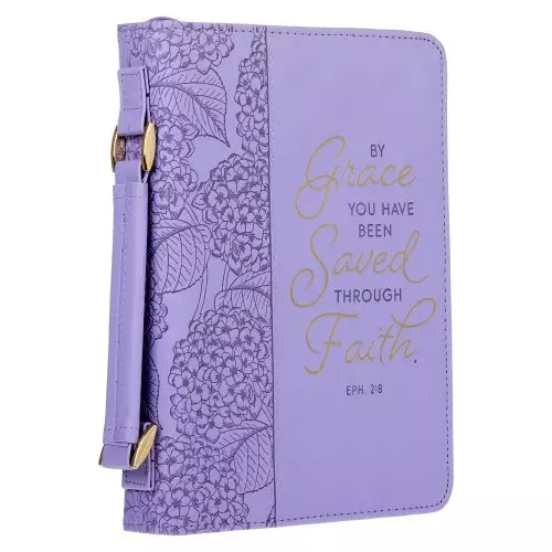 Large Saved by Grace Hydrangea Lavender Faux Leather Fashion Bible Cover - Ephesians 2:8