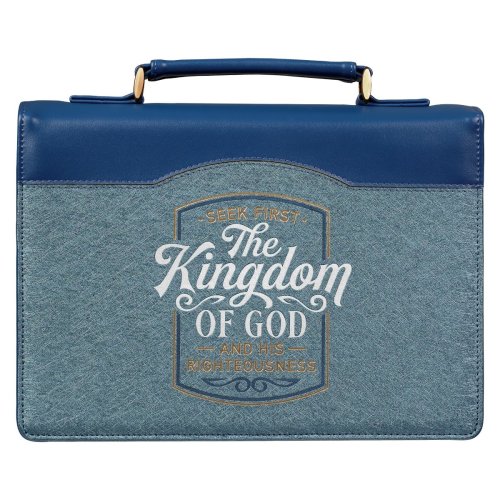 Medium Seek First The Kingdom of God Teal and Gray Faux Leather Fashion Bible Cover - Matthew 6:33