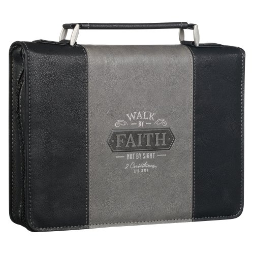 Large Walk by Faith Classic Black & Gray w/ Silver Bible Cover  - 2 Corinthians 5:7