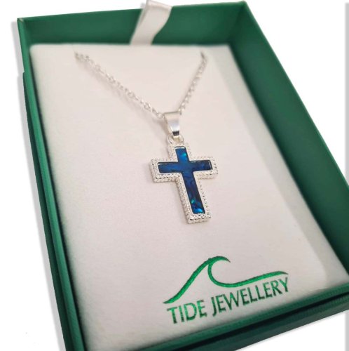 Inlaid Paua Shell Cross Pendant Silver Plated Blue