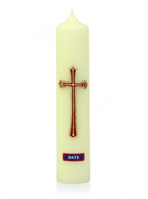 30" x 3" Paschal Candle with Red/Gold Cross with Alpha & Omega in Cross Wax Relief