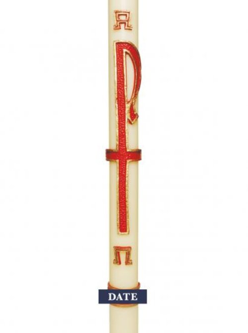 30" x 3" Paschal Candle with Simple PX in Red & Gold Design Wax Relief