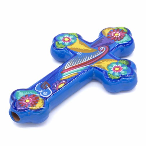 Mexican Painted Ornate Bird Cross - Blue