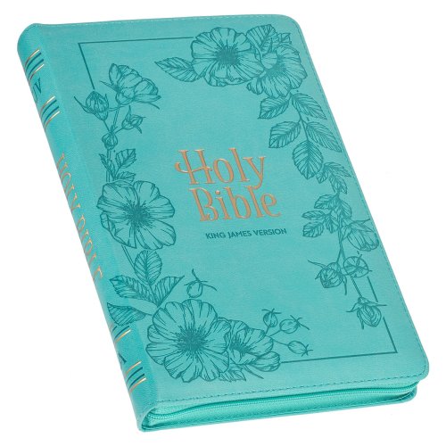 KJV Holy Bible, Standard Size Faux Leather Red Letter Edition - Thumb Index & Ribbon Marker, King James Version, Teal Floral Zipper Closure