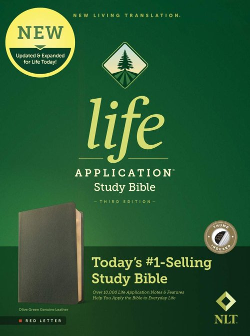 NLT Life Application Study Bible, Third Edition (Genuine Leather, Olive Green, Indexed, Red Letter)