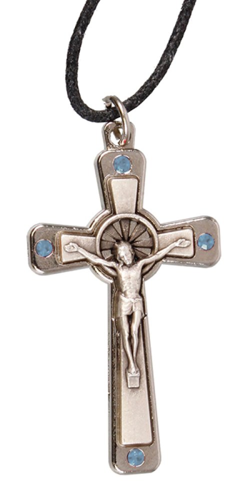 1 1/2" Blue Swarovski Crystal Metal Crucifix