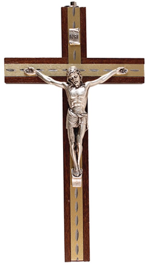 8" Beech Wood Crucifix with Metal Inlaid