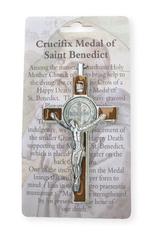 3" Brown Metal Enamel Benedict Crucifix