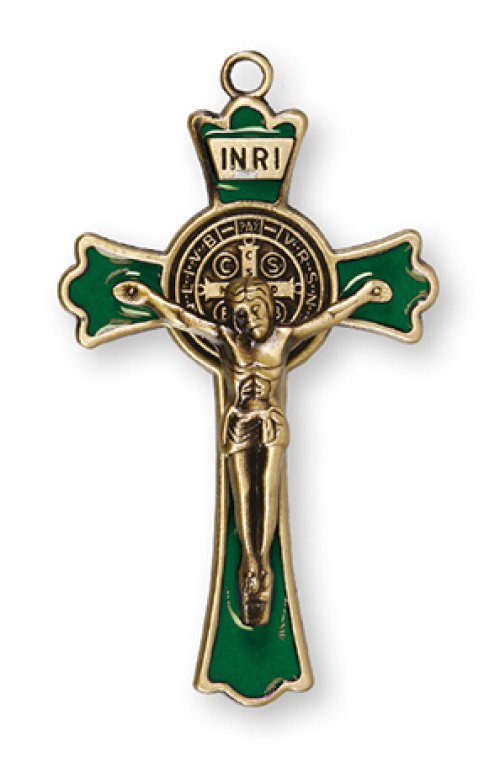 3" Green Enamel Saint Benedict Metal Crucifix