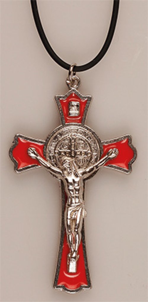 3" Metal Red Enamel Benedict Crucifix