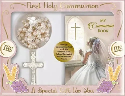 Imitation Pearl Communion Rosary with Girl's Prayer Book