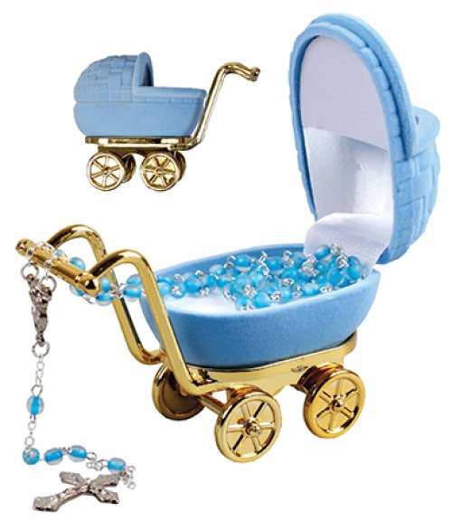 Blue Glass Baby Rosary with Pram Box