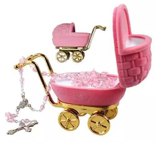 Pink Glass Baby Rosary in Pram Box