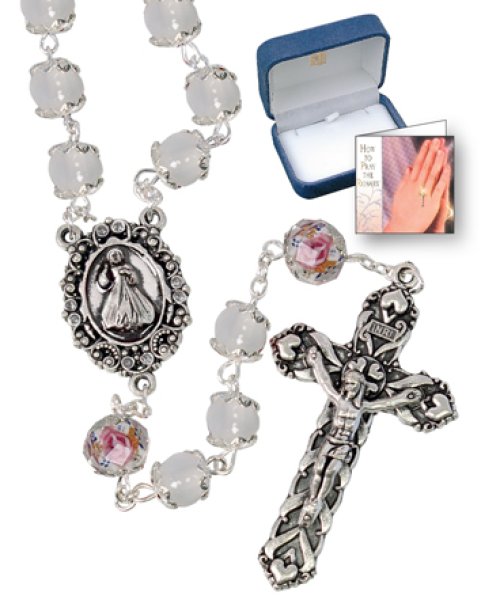 White Pearl Finish Glass Capped Rosary