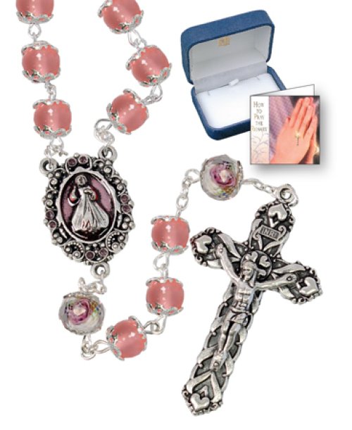 Pink Pearl Finish Capped Glass Rosary