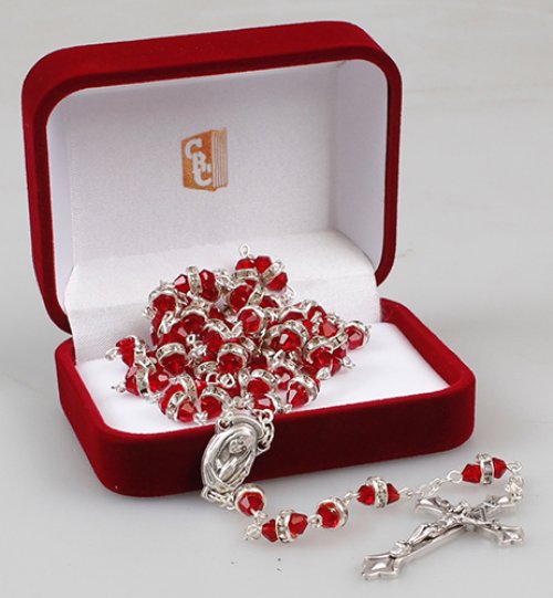 Ruby Glass Rosary with Crystal Ring