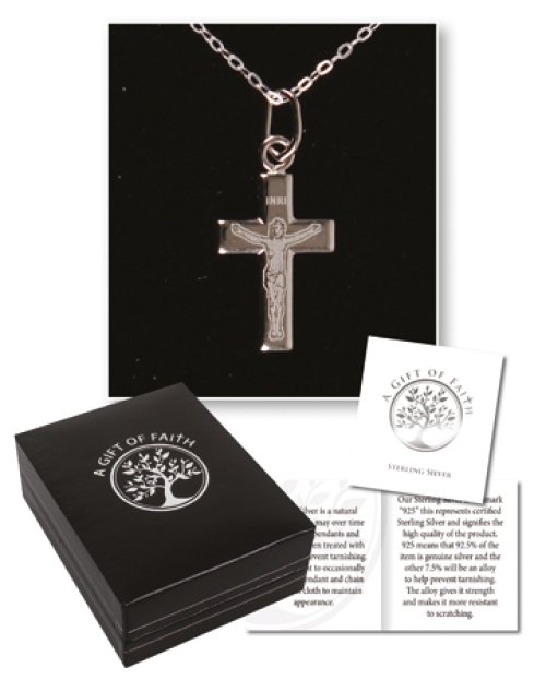 Sterling Silver Engraved Corpus Cross & Chain in Gift Box