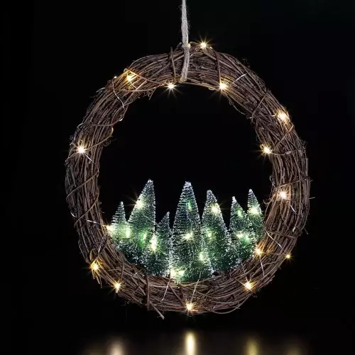 Rattan Hanging Wreath with Bristle Trees With Warm White Lights