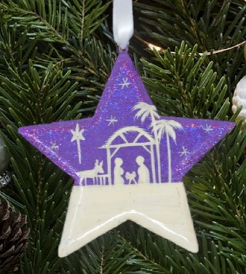 Purple Glitter Nativity Scene Star Christmas Decoration