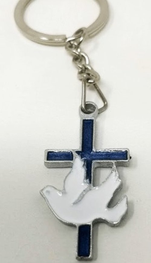 Blue Metal Cross Keyring with Dove