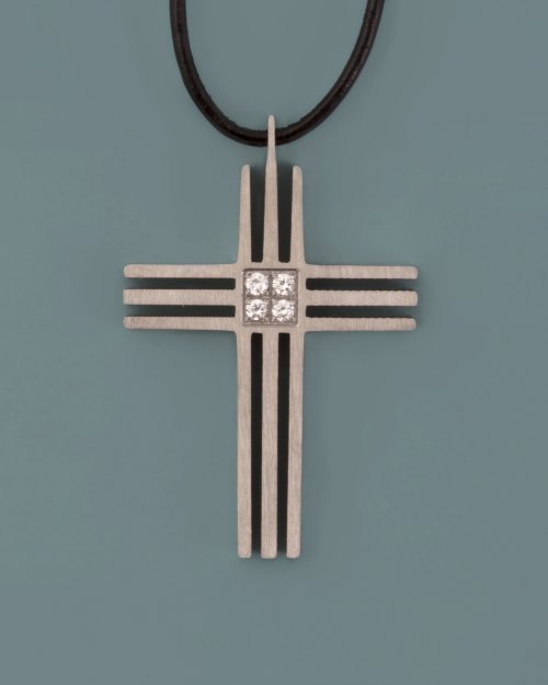 Grooved Cross & CZ Pendant on Leather Cord