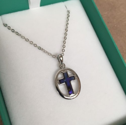 Inlaid Paua Shell Circled Cross Pendant in Purple