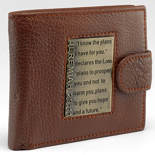 Brown Genuine Leather Wallet w/Brass Inlay - Jeremiah 29:11