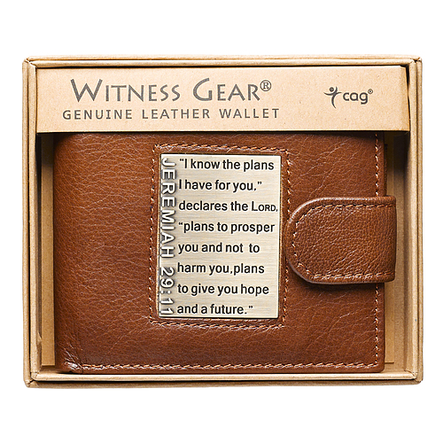 Brown Genuine Leather Wallet w/Brass Inlay - Jeremiah 29:11