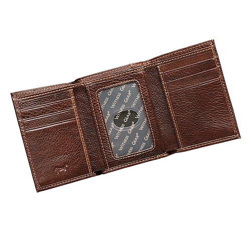 Brown Genuine Leather Tri-Fold Wallet w/Cross