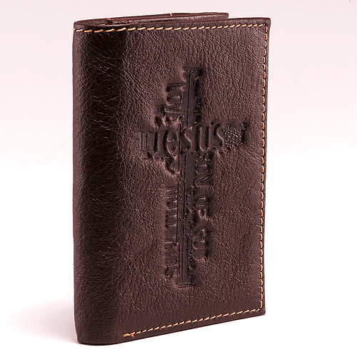 Brown Genuine Leather Tri-Fold Wallet w/Cross