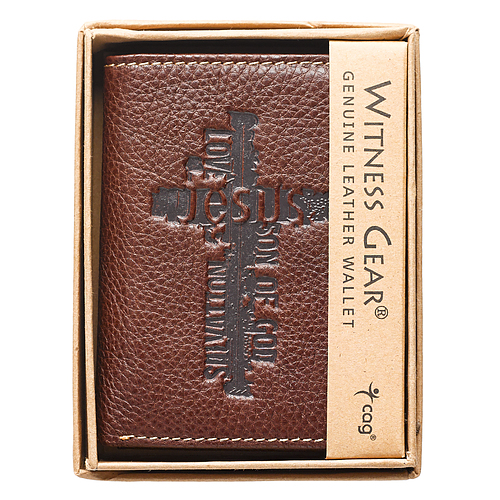 Brown Genuine Leather Tri-Fold Wallet w/Cross