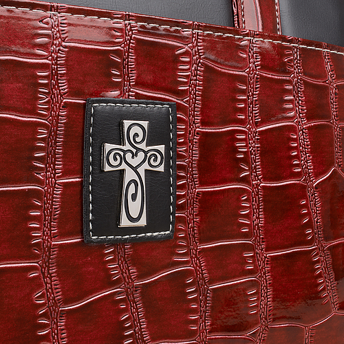 Large Cross Burgundy Croc-Embossed Patent Purse-Style Bible Cover