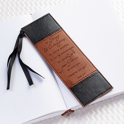 "Strong & Courageous" Two-Tone Faux Leather Pagemarker / Bookmark - Joshua 1:9