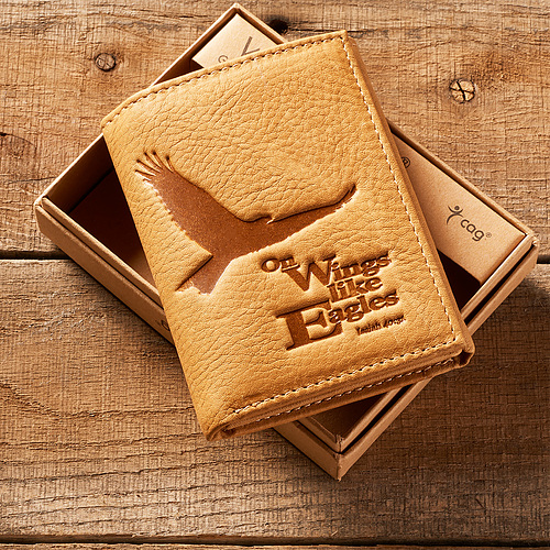 Saddle Tan Genuine Leather Tri-Fold Wallet - Isaiah 40:31