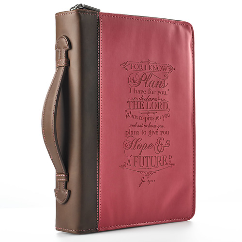 The Plans - Jeremiah 29:11  Large Pink Faux Leather Bible Cover, Zippered Case w/Handle