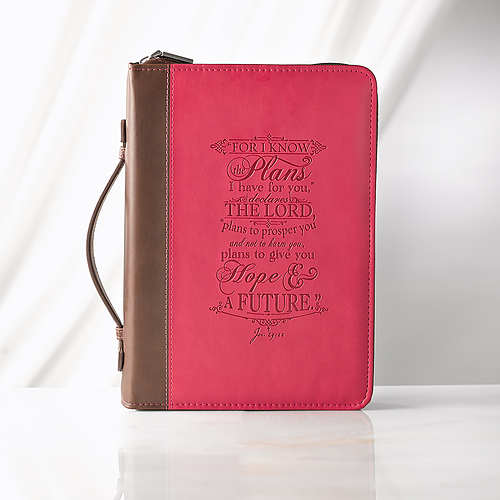 The Plans - Jeremiah 29:11  Large Pink Faux Leather Bible Cover, Zippered Case w/Handle