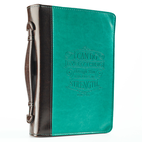 Medium I Can Do Everything Turquoise Faux Leather Zippered  Bible Cover with Handle  - Philippians 4:13