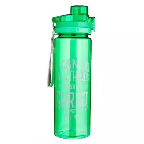 Christian Art Gifts Wide Mouth BPA-Free Reusable Plastic Sports Water Bottle w/Locking Flip-Top Lid & Carry Strap: I Can Do All Things - Philippians 4:13 Inspirational Bible Verse, Green, 28 oz.