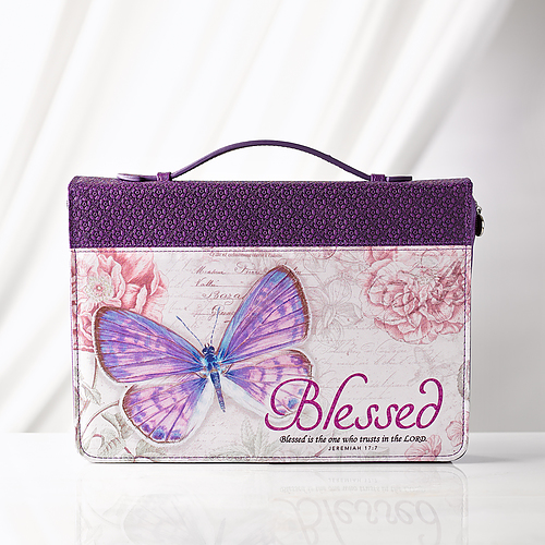 Large "Blessed" Jeremiah 17:7 Purple Botanic Butterfly Bible Cover