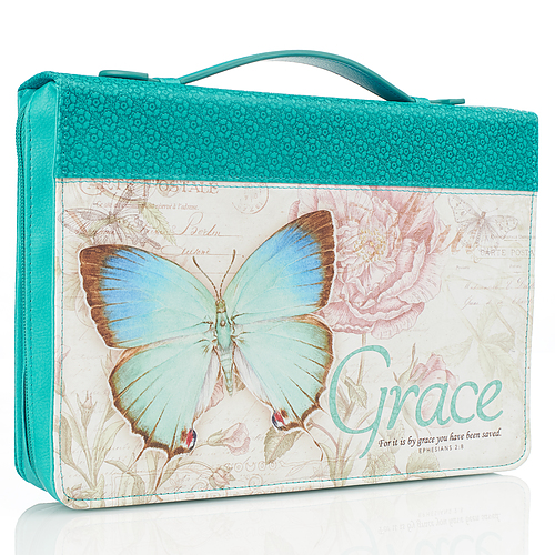 Large Grace Teal Botanic Butterfly Blessings Bible Cover: Ephesians 2:8