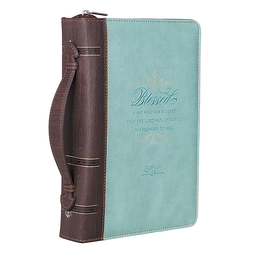 Medium Blessed is She Who Has Believed Light Blue and Brown Faux Leather Fashion Bible Cover - Luke 1:45