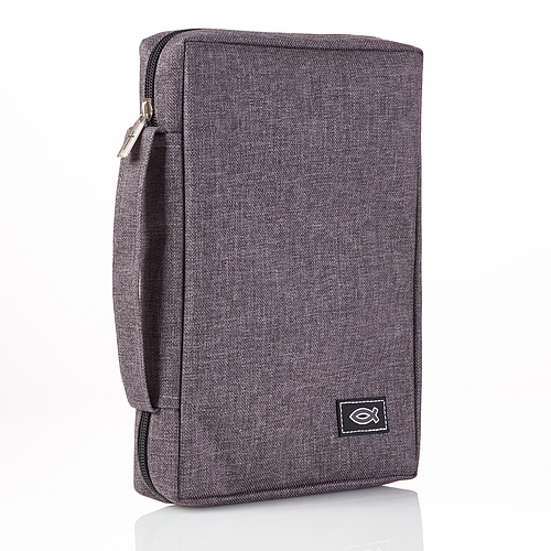 Large Gray Poly-canvas Bible Cover with Ichthus Fish Badge