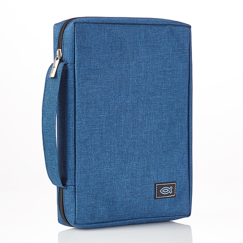 Medium Blue Poly-canvas Bible Cover with Ichthus Fish Badge