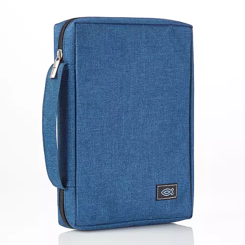 Medium Blue Poly-canvas Bible Cover with Ichthus Fish Badge