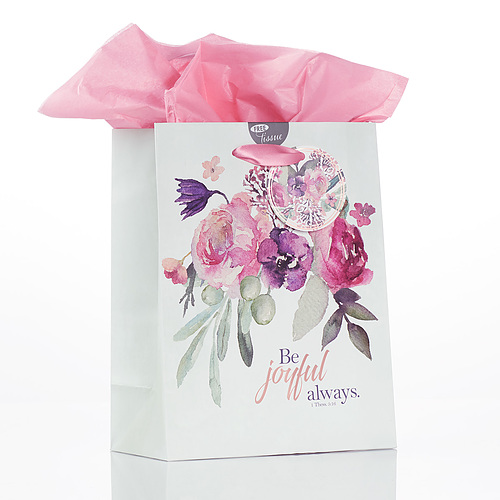 Be Joyful Always 1 Thessalonians 5:16 Bible Verse, Pink Rose Floral, Medium Gift Bag/Tissue Paper Set