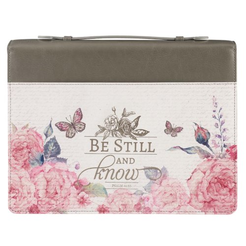 XL Be Still and Know, Pink Rose Butterfly Faux Leather, Bible Cover - Psalm 46:10