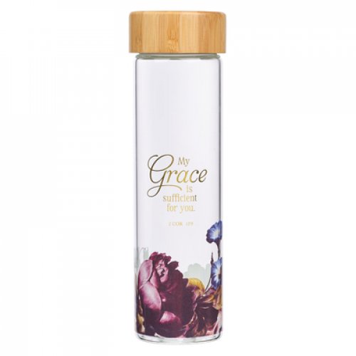 Water Bottle Glass w/ Sleeve My Grace is Sufficient 2 Cor. 12:9