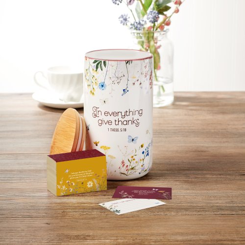 Gratitude Jar w/ Cards Ceramic In Everything Give Thanks. 1 Thess. 5:18